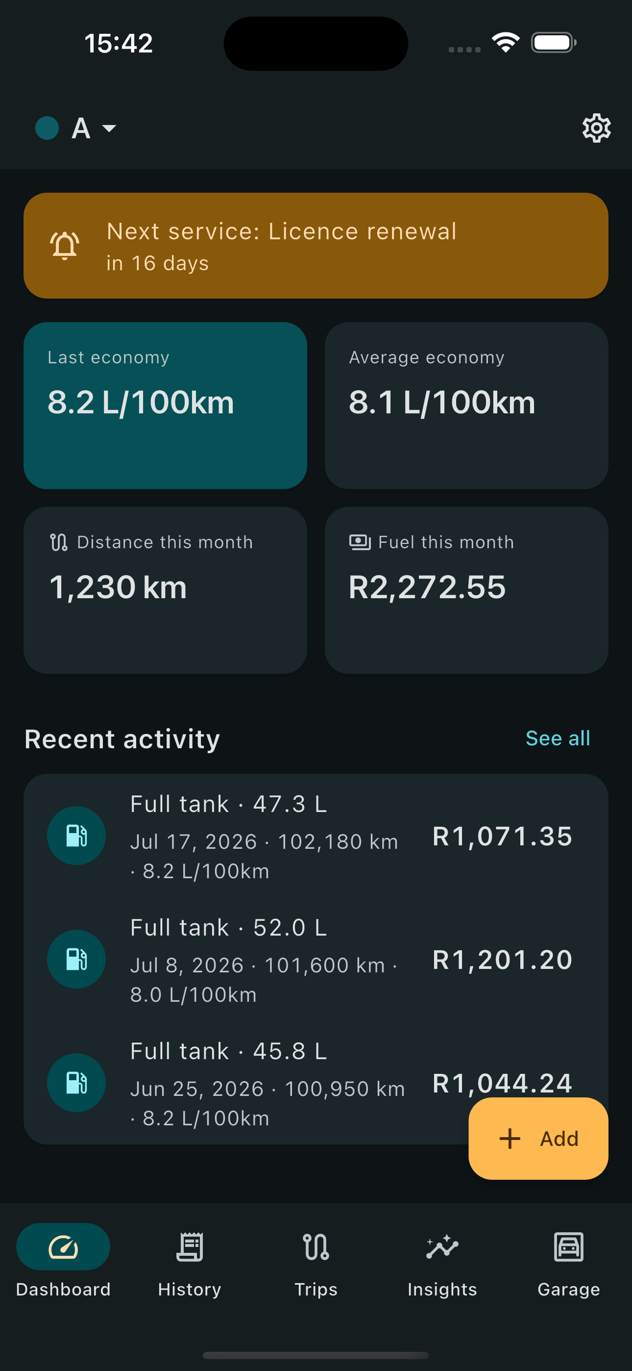 Odo dashboard with economy and recent fill-ups