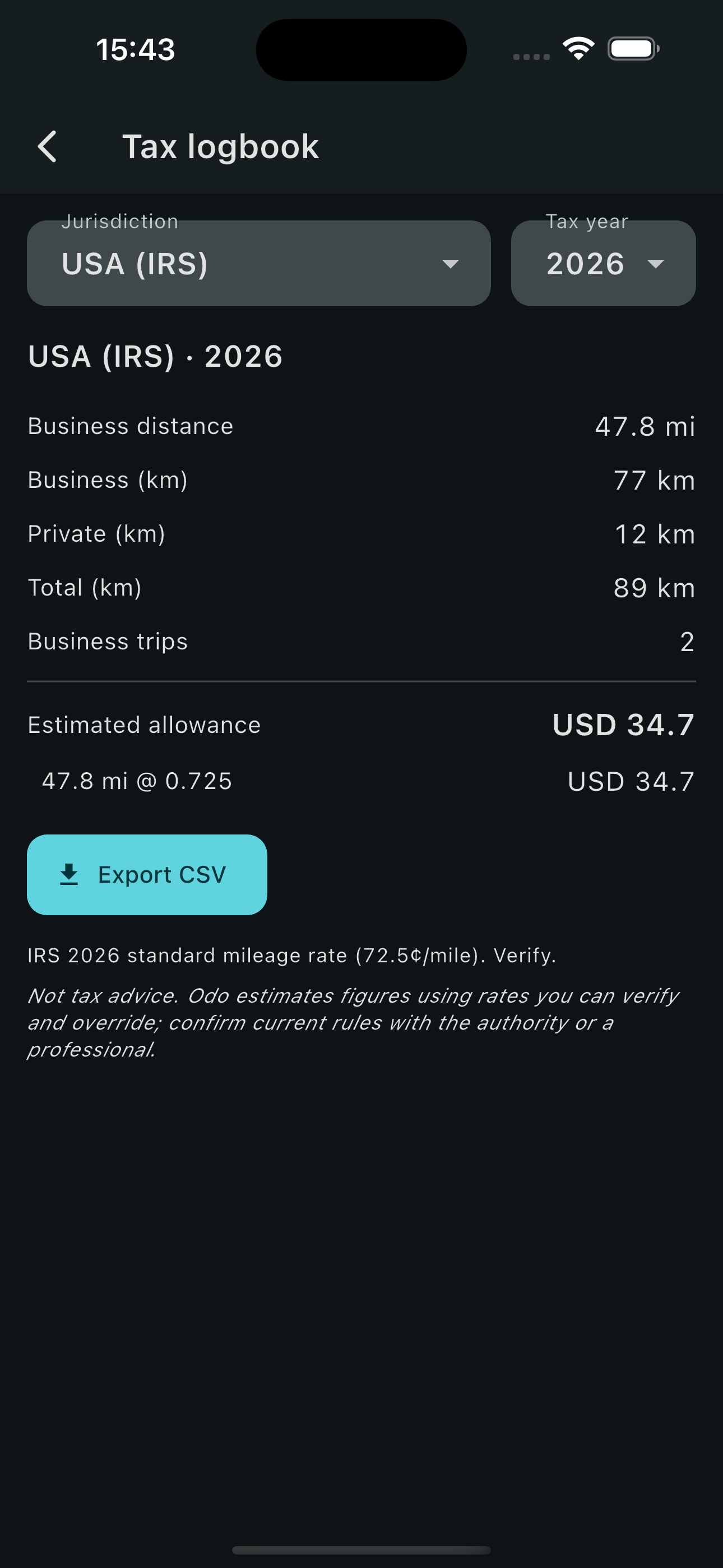 Odo tax logbook with business mileage and estimated allowance